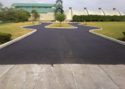 A paved road, courtesy of a local asphalt paving company, leads to a charming building with green roofs and large windows, surrounded by grass and trees on a sunny day.