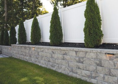Row of evergreen trees planted along a stone retaining wall with a white privacy fence behind them.