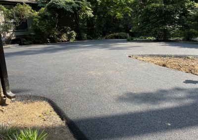 Freshly paved asphalt driveway curving through a garden with green trees and shrubs.