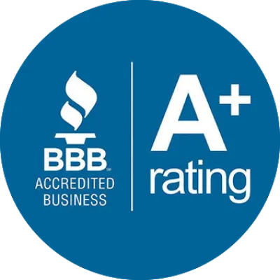 image 6 Blue circle showing “BBB Accredited Business” with “A+ rating” in white text.